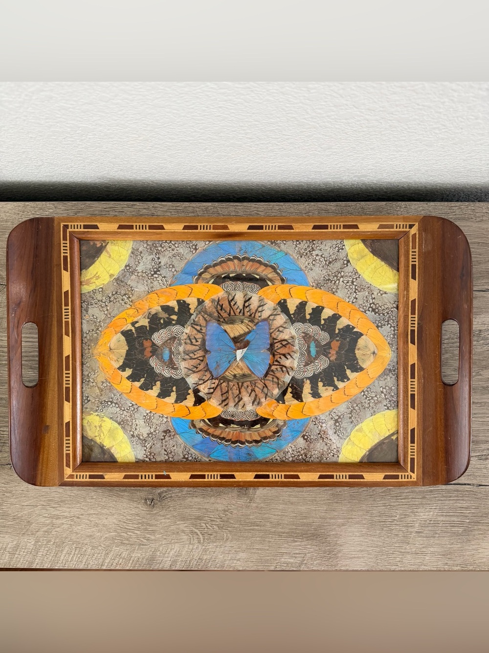 Vintage MCM Brazilian Morpho Butterfly Wing Mosaic Inlay Wood Serving Tray Blue